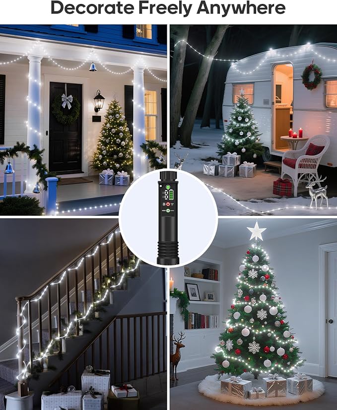 Rechargeable Rope Lights, 79FT 240LED Outdoor Waterproof String Lights with 1200mah Portable Rechargeable Battery, Timing & 8 Modes for Party Christmas Camping DIY Tree trampoline - Cool White 2 Pack