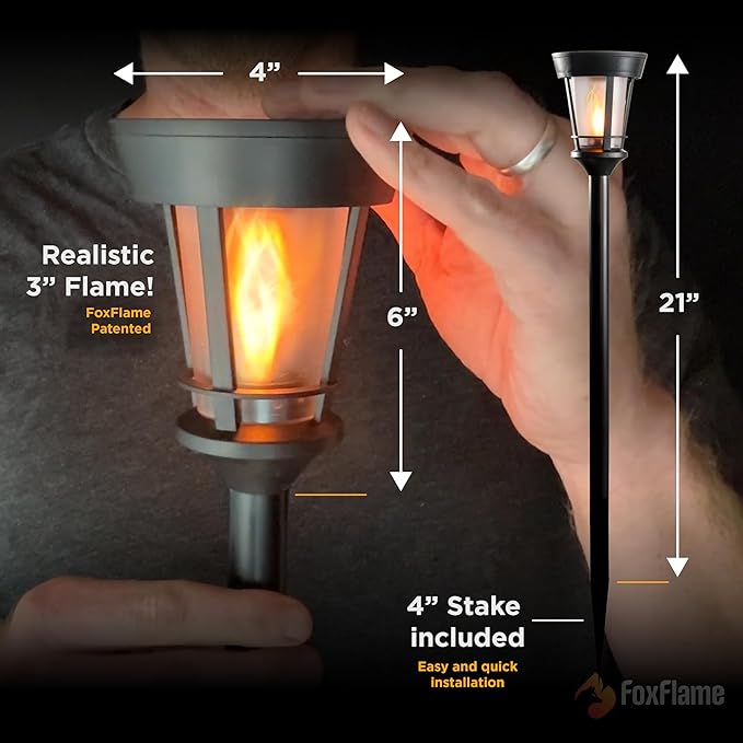 FoxFlame Classic Solar Path Torch - Elegant Flickering Flame Effect with Patented LED,IP65 Waterproof,Solar-Powered Lighting for Garden,Yard, and Landscape Ambiance Easy Stake Installation (6 Pack)