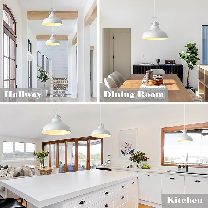 White Pendant Lights, 11.4 Inch White Dome Pendant Lights, Metal Pendant Light Fixture, Industrial Farmhouse Pendant Light 1 Pack, Island Pendant Lights for Kitchen, Dining Room, Bedroom