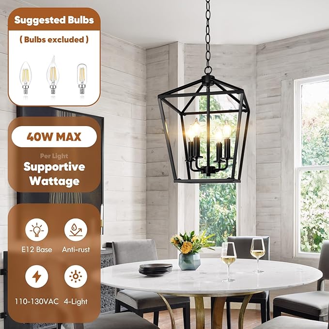 BrightHome Farmhouse Chandelier 4-Light, Black Pendant Light Fixture for Kitchen Island Dining Room, Lantern Industrial Lighting Ceiling Hanging with Metal Cage Adjustable Height for Entryway Foyer