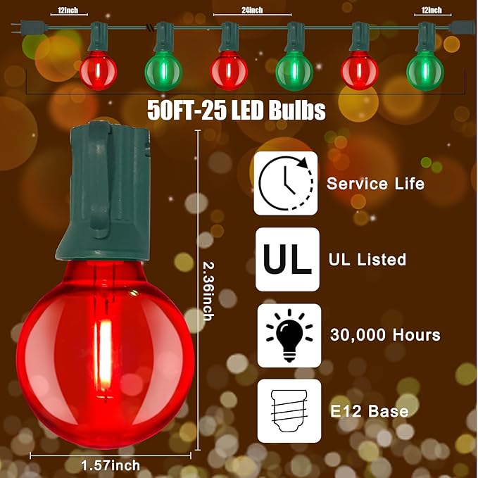 50Ft Clear Red and Green Outdoor LED Lights,G40 Globe Patio Christmas String Lights with 25 Ceramic Colorful Bulbs(2 Spare),Outside Christmas Hanging Lights for Christmas Tree Roofline Holiday Party