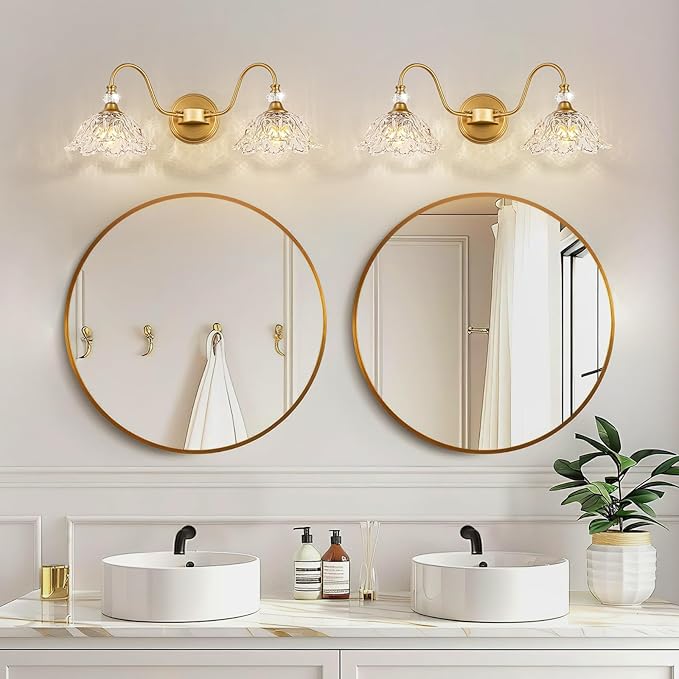Vintage Bathroom Vanity Light, 2-Light Matte Brass Finish Vanity Light with Floral Clear Glass Shades, Retro Wall Sconce for Bathroom, Dressing Table