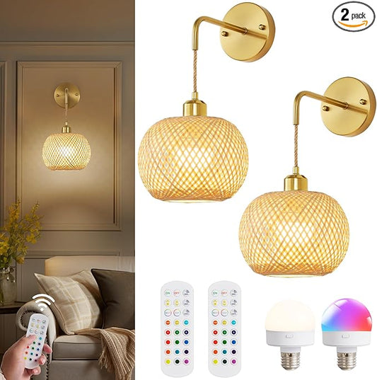 Gold Battery Operated Wall Sconces Set of 2 with Remote, Rechargeable Rattan Battery Powered Wall Lights/Lamps, Wireless Boho Lighting Fixtures for Bedroom Farmhouse, 15 Colors Dimmable,8''