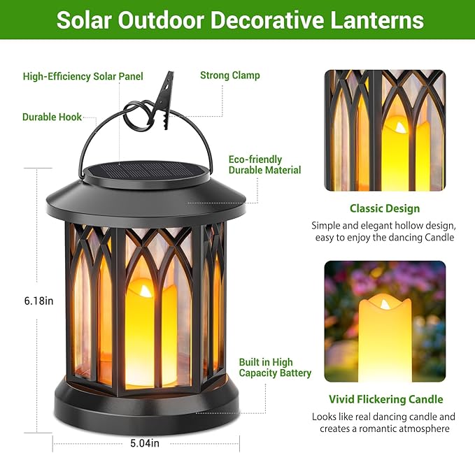 KOOPER 2 Pack Solar Lantern Outdoor Lights, Hanging Solar Lanterns Outdoor Waterproof, Lanterns Decorative Outdoor LED Flickering Flameless Candle Mission Lights for Yard Table Garden (Black)