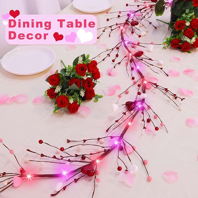 6Ft 20LED Valentines Day Decorations, Valentines Day Garland with Red & Pink Lights Timer Red Pink White Hearts Berried Artificial Lighted Valentine Garland for Home Table Mantle Wedding Decorations