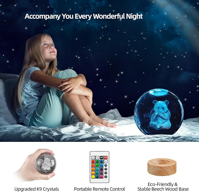 3D Panda Crystal Ball Night Light with 16 Color LED Wooden Base 3.15 Inch Glass Ball Lamps with Remote for Birthday Christmas Cute Panda Gifts for Lovers Boys Girls Friend (Upgraded)