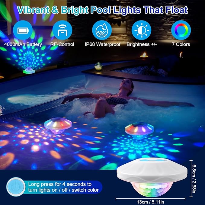 Floating Pool Lights with Remote: (4 Pack) Pool Light with 6 Dynamic Lighting Effects Rechargeable RGB Color Changing Pool Float Lights for Pond Bathtub Hot Tub Garden Party
