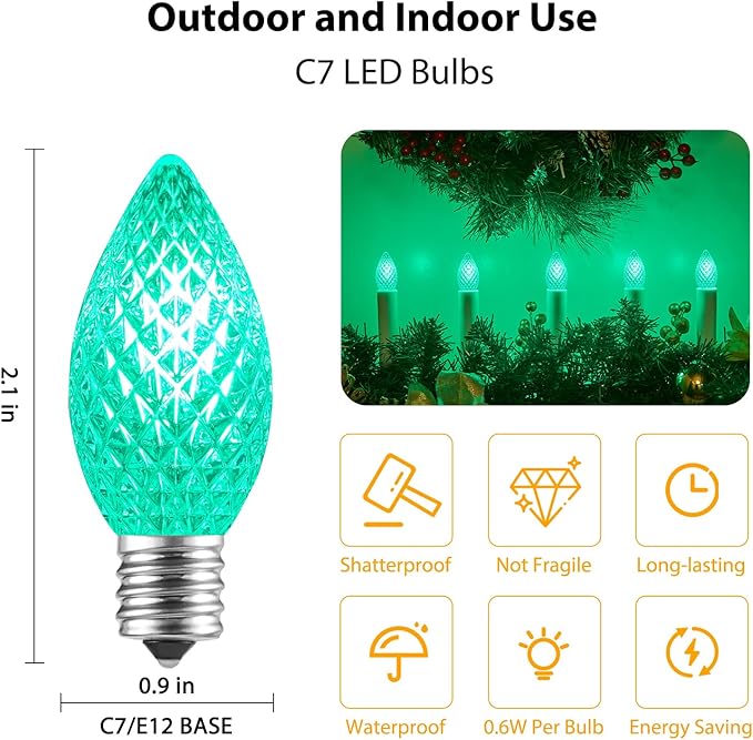 Minetom 25 Pack C7 LED Christmas Lights Bulbs, Shatterproof Replacement for String Lights, E12 Candelabra Base, Commercial Grade Dimmable Holiday Bulbs, Green
