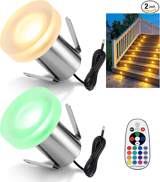 RGBW Outdoor In-Ground Lights, 2 Pack Mini 3W 12V Low Voltage Well Lights, Warm White & 16 Colors, IP67 Waterproof Recessed 304 Stainless Steel Acrylic Design for Deck, Pathway, and Stairs