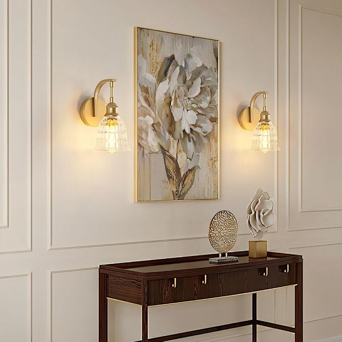 Gold Wall Sconces, Modern Brushed Golld Sconce Wall Lighting, Vintage Glass Light Fixtures, Indoor Wall Lamps for Bathroom Vanity Mirror Living Room Bedroom Kitchen Hallway Stairway E26 Hardwire