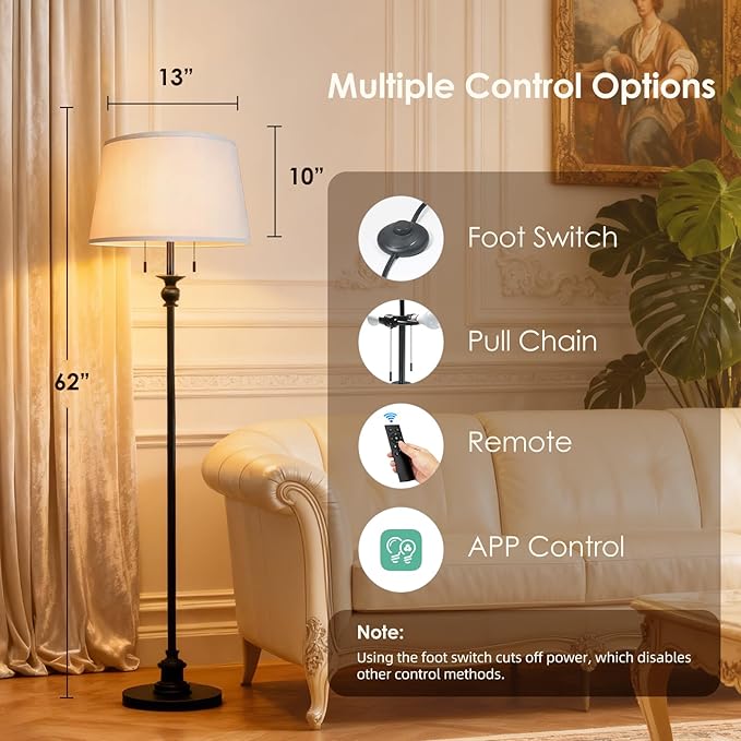 Dimmable Floor Lamp with Remote, Living Room Lamp with APP Control, Black Standing Lamp for Bedroom, 3 Color Temperatures, Stepless Dimming, Farmhouse Floor Lamps for Living Room, 2 Bulbs(included)