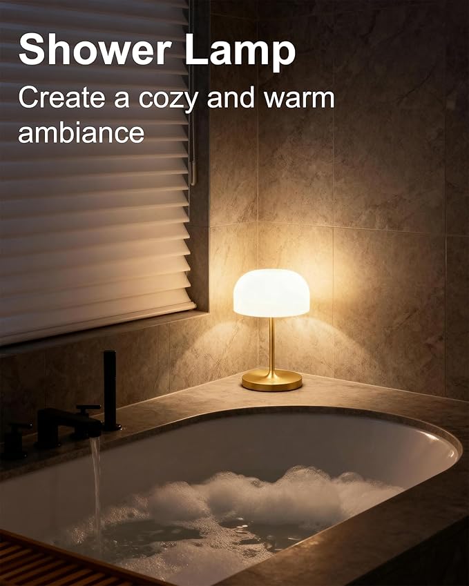 VoMii Mushroom Lamp, 9” Cordless Table Lamp Waterproof Shower Lamps with 4000mAh Battery Rechargeable & 3 Color Temperatures, Dimmable LED Night Light for Bathroom, Bedroom & Home Decor - Brass
