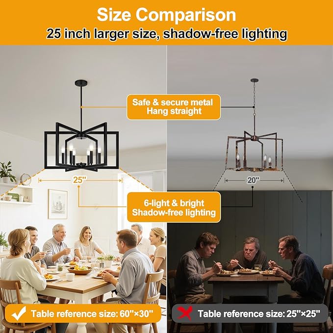 25" Modern Matte Black Chandelier for Dining Room, No Assembly Required Black Dining Room Light Fixture Over Table, Industrial Metal Hanging Pendant Lights Fixture for Kitchen Island, Entryway, Foyer