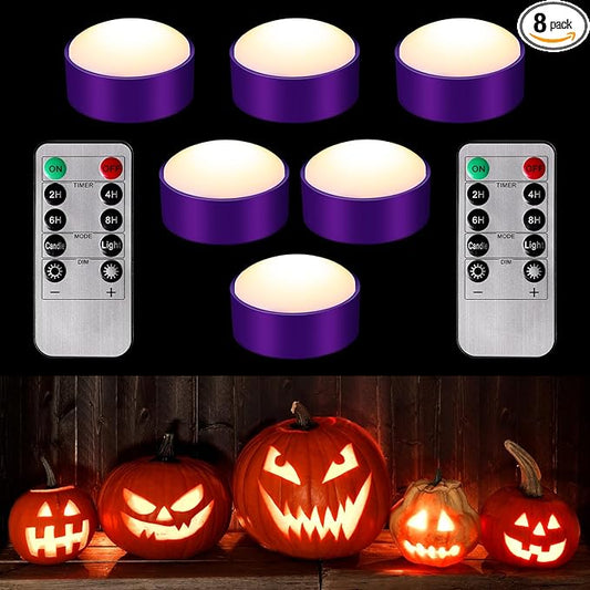 Riakrum 6 Pieces Remote Timer LED Lights with Remote LED Pumpkin Lights Battery Operated Lantern Bright Flameless Candle(Purple,Warm Light)