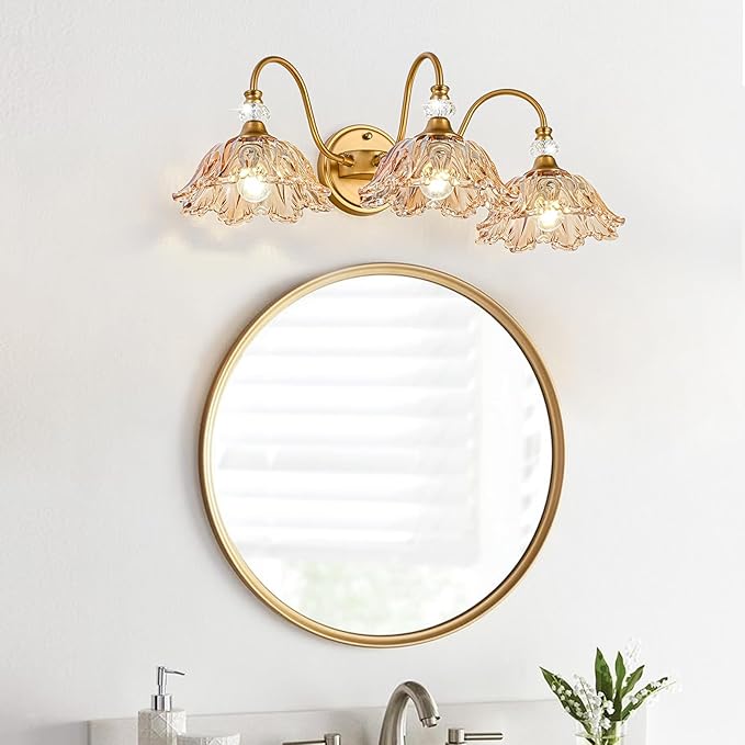 Vintage 3-Light Bathroom Vanity Light | Matte Brass & Flower Amber Glass Wall Sconce