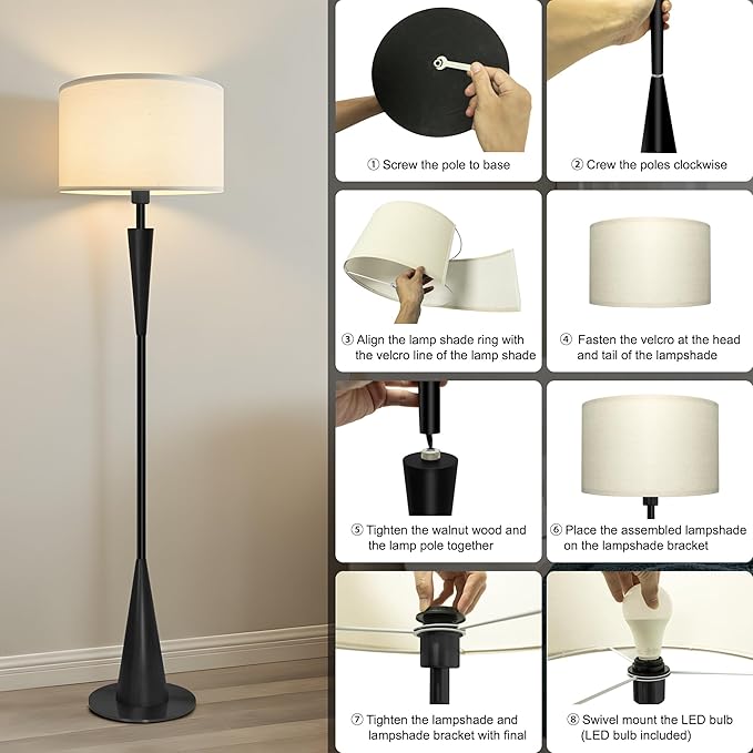 Floor Lamp for Living Room, Wood 3 Color Temperatures & Linen Shade, Modern Reading Standing Lamp with 9W LED Bulb, Mid Century Night Light for Farmhouse, Bedroom, Office, Black