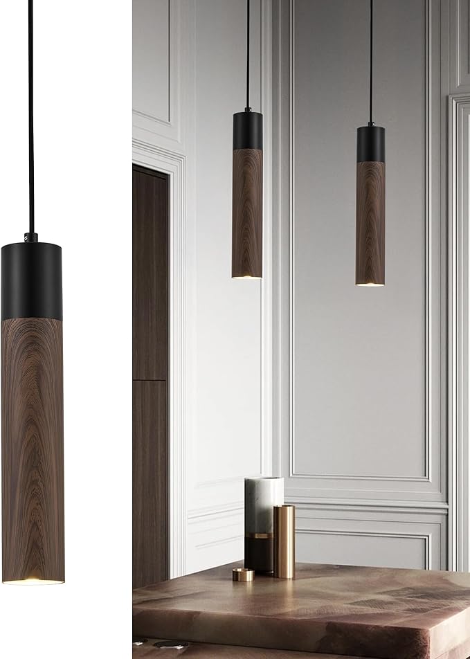 ELYONA Modern Pendant Light Fixtures, Walnut Wood Grain & Matte Black Metal, Industrial Cylinder Hanging Pendant Light for Kitchen Island Dining Room Bedroom Living Room, GU10 LED Bulb Included