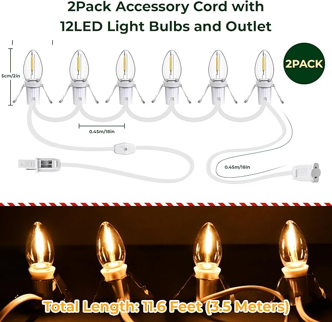 2Pack Christmas Village Lights with 12LED Light Bulbs and Outlet 11.6FT Light Cord with Spare Fuse Warm White C7 Lamp Villages Houses Lights for Halloween Pumpkins Christmas Village Houses Craft Decor