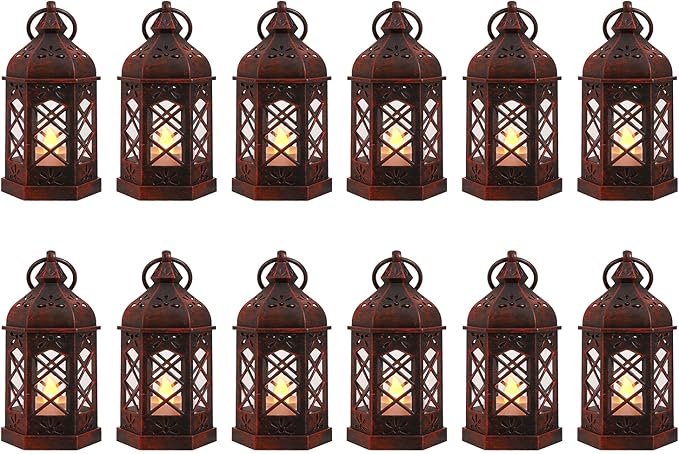 12-Pack Mini Moroccan Lanterns with LED Candle for Ramadan, Wedding, Small Decorative Lanterns for Baby Shower & Table Centerpiece, Ornament, Western Cowboy Party Decor, Red Brushed