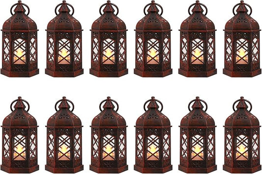 12-Pack Mini Moroccan Lanterns with LED Candle for Ramadan, Wedding, Small Decorative Lanterns for Baby Shower & Table Centerpiece, Ornament, Western Cowboy Party Decor, Red Brushed