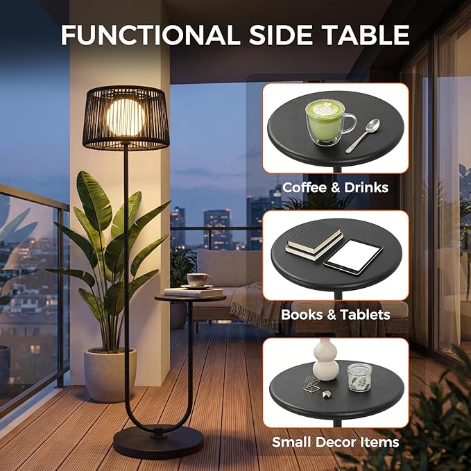 Solar Yard Outdoor Floor Lamp with Side Table, U-Shaped Modern Metal Outdoor Lamp, 3000K Warm White, IP56 Waterproof, Patio Garden Deck Balcony Coffee Table Light, Black