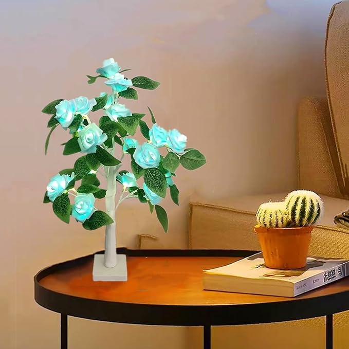Tabletop Rose Flower Light,Mini Light up Bonsai Tree with Light Blue Rose Flower, Valentine Day Tree Lamp for Fireplace Bedroom Home Wedding Party Decor,21.6Inch