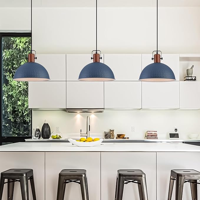 12 Inch Blue Pendant Lights Hammered Matte Pendant Lights for Kitchen Island Industrial Farmhouse Adjustable Height Dome Hanging Light Fixtures for Barn, Dining Room 3 Packs