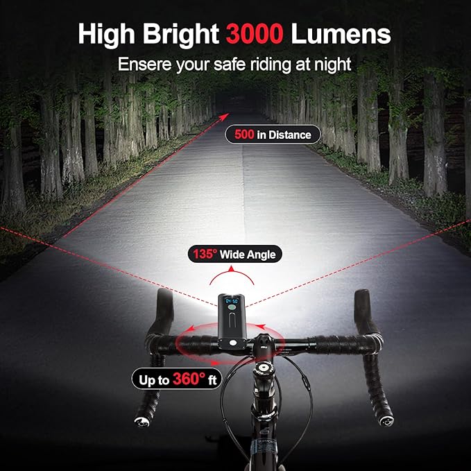 3000 Lumens Multifunctional Bike Light Set,5200 mAh Bike Light Rechargeable,Front Bike Light for Night Riding,Two LED Digital Display Design,IPX5 Waterproof,5+4 Modes Mountain Bike Lights