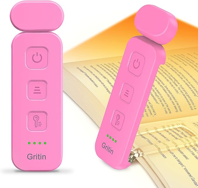 Gritin Reading Light,Book Light for Reading in Bed-Eye Caring 3 Colors, 5-Level Dimmable Brightness,Long Lasting, Compact Size Rechargeable Clip on Book Reading Light for Book Lovers-Rose