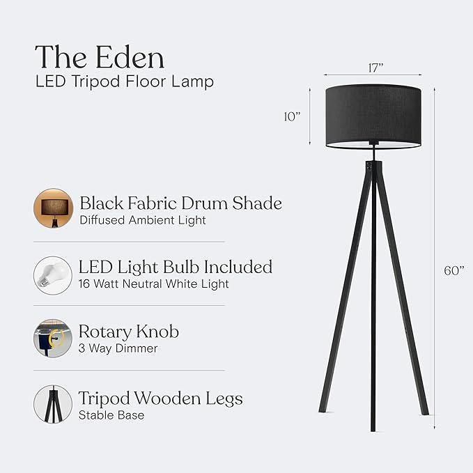 Brightech Eden Tripod LED Floor Lamp – Mid Century Dimmable Modern Light for Contemporary Living Rooms - Tall Free Standing Lamp with Solid Wood Legs for Bedroom, Office - Classic Black