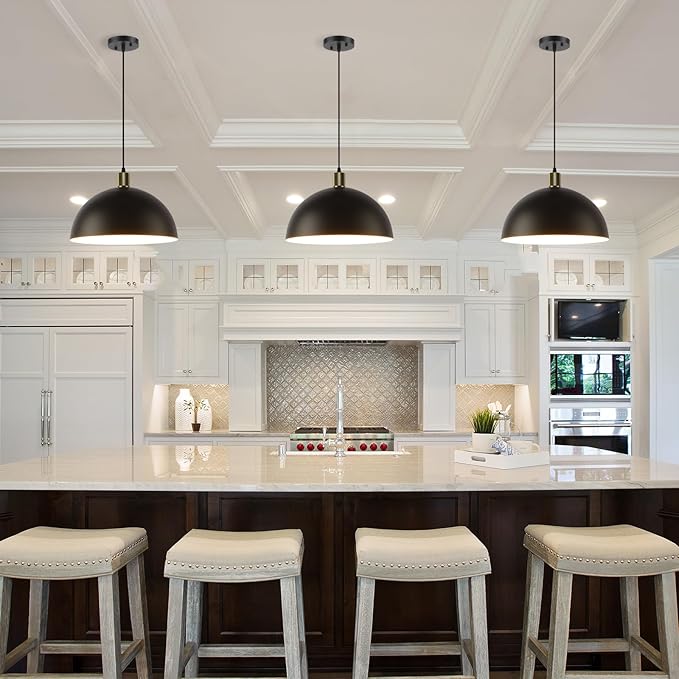 Black Pendant Light Fixtures, 15.7 Inch Large Dome Pendant Lighting Farmhouse Vintage Chandelier for Kitchen Island Dining Room