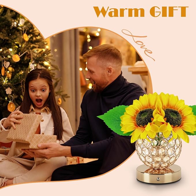 Sunflower Lamp, 3 Colors Desk Touch Control Lamp, Dimmable Fake Flower Crystal Night Light, Rechargeable Artificial Flower Lamp, Sun flower Bedside Lamps, Gifts for Mother Wife Girls Decor (Sunflower)