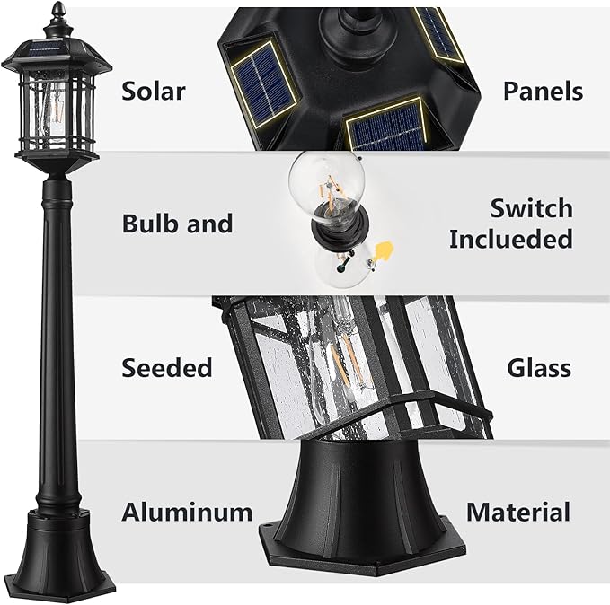 Emliviar Outside Solar Powered Post Light, Black Pathway Light with Remote Control, Dusk to Dawn LED Outdoor Solar Pole Lighting, Bulb Included, Seeded Glass, 2084PL-SL BK