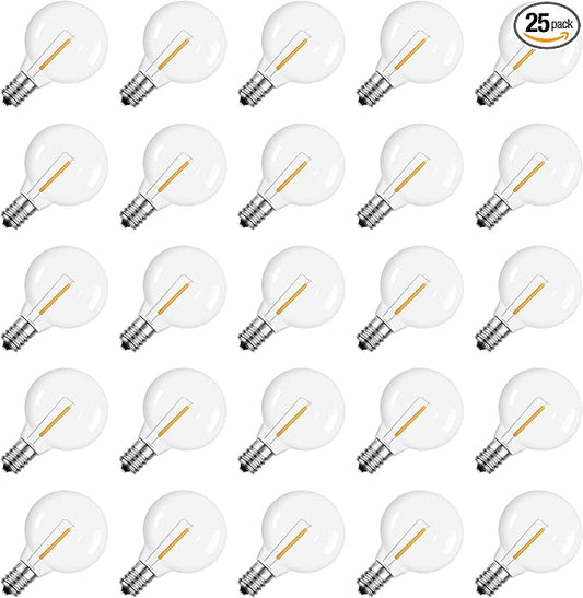 Meconard DC 3V Low Voltage, Solar Replacement Bulbs for G40 outoodr String Lights, Shatterproof 1W LED Bulb, E12/C7 Candelabra Screw Base, Warm White 2200K, 25Pack