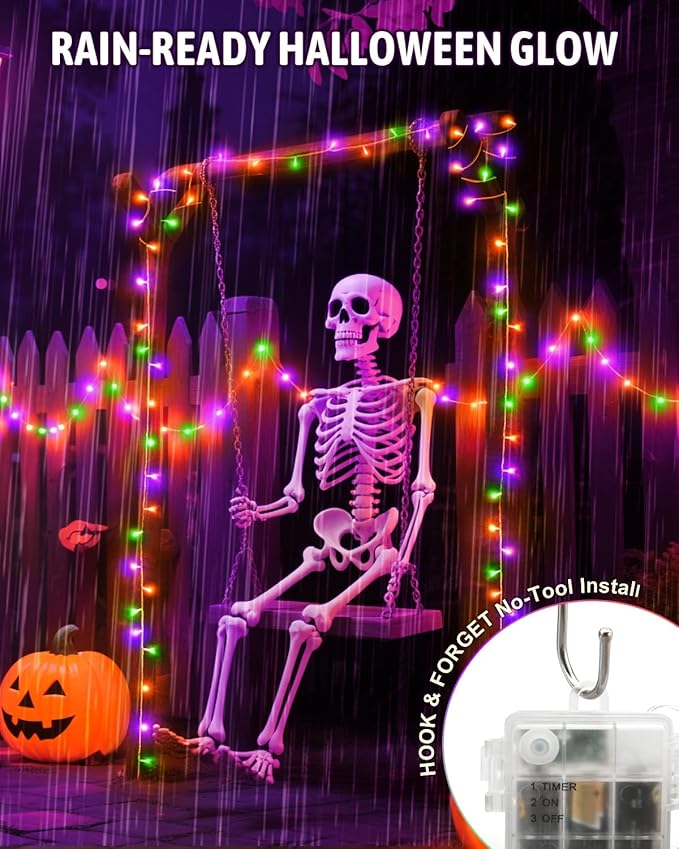 Halloween String Lights Battery Operated, Orange Purple and Green Lights with Timer Waterproof 16.4ft 50 LED Halloween Decorations for Outdoor Indoor Patio Party Garden Yard Decor