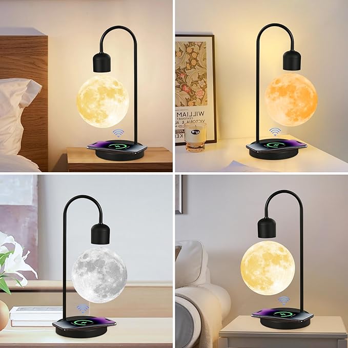 Floating Moon Lamp with 3 Color LED Lights, Magnetic Levitating Moon Ball & Wireless Phone Charger Elegant Home Office Decor Ideal Unique Gift with Cool Mesmerizing Night Display