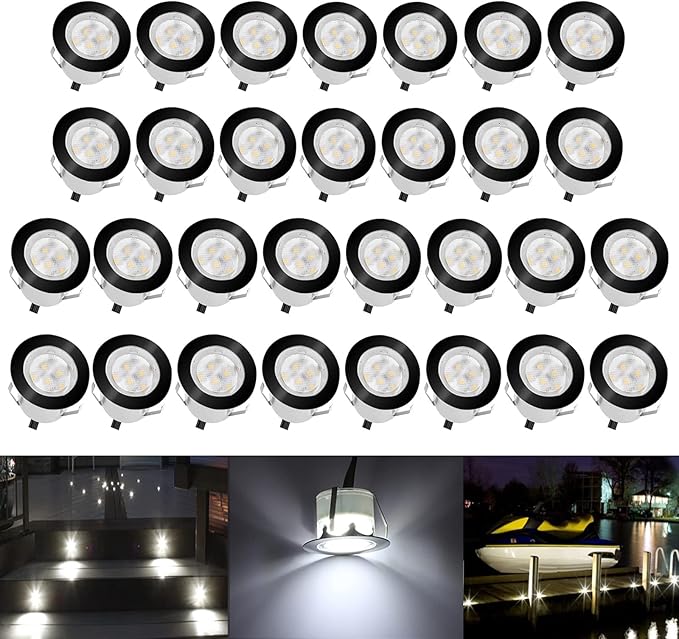 Deck Lights Outdoor Waterproof Low Voltage Lighting Kit Stainless Steel 1W Outdoor Yard Garden Decoration Lamps Landscape Pathway Patio Step Stairs Black Border(30pcs,Cool White)