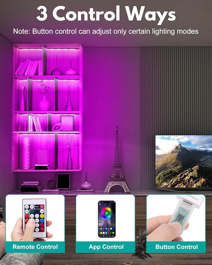 JUSJUBR RGB Shelf Lights, 4 PCS 12 Inch LED Light Bars for Night Ambient Lighting, Multiple Colors and Lighting Modes, App & Remote Control, Mood Lighting for Shelves, Cabinets, Display Cases, Desks