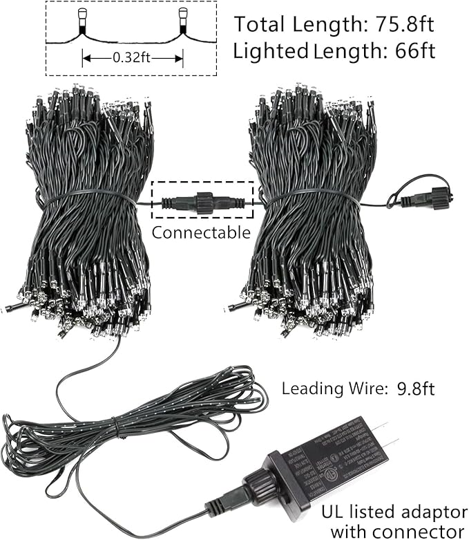 75.8 FT 200 LED Red and White Christmas Lights Outdoor Indoor, Timer & Memory Function & 8 Modes, Extendable Green Wire, Waterproof Fairy Twinkle Lights for Xmas Tree Holiday Party Garden Yard Decor