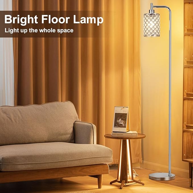 Crystal Floor Lamp - Industrial Modern Standing Lamps with LED Bulb for Living Room Bedroom Office - Silver