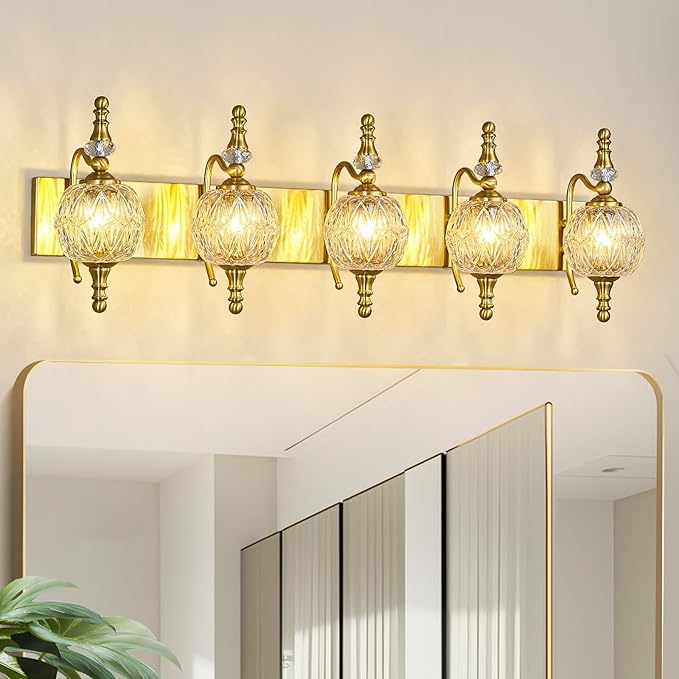 Modern Crystal Bathroom Vanity Lights Fixtures Over Mirror Gold Vintage 5-Lights 36 Inch Bathroom Light Fixtures Glass Crystal Vanity Lights