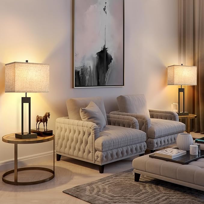 25.5’’ Nightstand Table Lamps for Bedrooms Set of 2, Bedside Lamp with USB C+A, 3 Colors Changeable Living Room Lamps for End Tables, Modern Night Stand Lamps for Bed Side Guest Room Office Reading