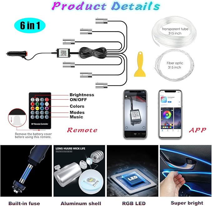Interior Car LED Strip Lights with Wireless APP and Remote Control, RGB 6 in 1 Ambient Lighting Kits with 315 inches Fiber Optic, 16 Million Colors Car Neon Lights, Sync to Music
