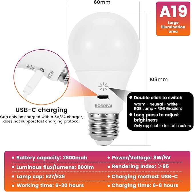 LED Rechargeable Light Bulbs with Remote ＆ Touch Dimmable, E26 Battery Operated Light Bulb for Lamps, RGB 12 Colors, 2600mAh USB Battery Backup Light Bulb with Timer, A19 Small Light Bulbs 1 Pack