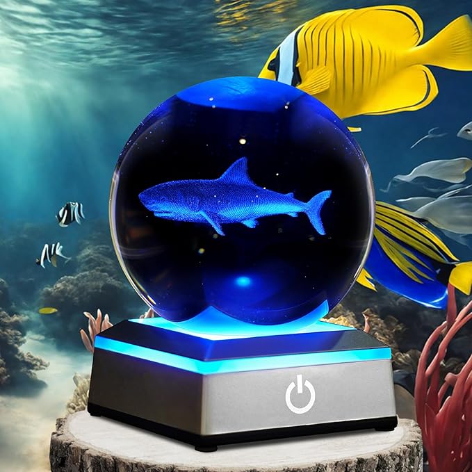 3D Shark Crystal Ball Night Light 3.15 inch Glass Ball Table Lamp with Color Changing Touch Base Decor Ideal Sharks Gifts for Friends Kids Christmas Birthday