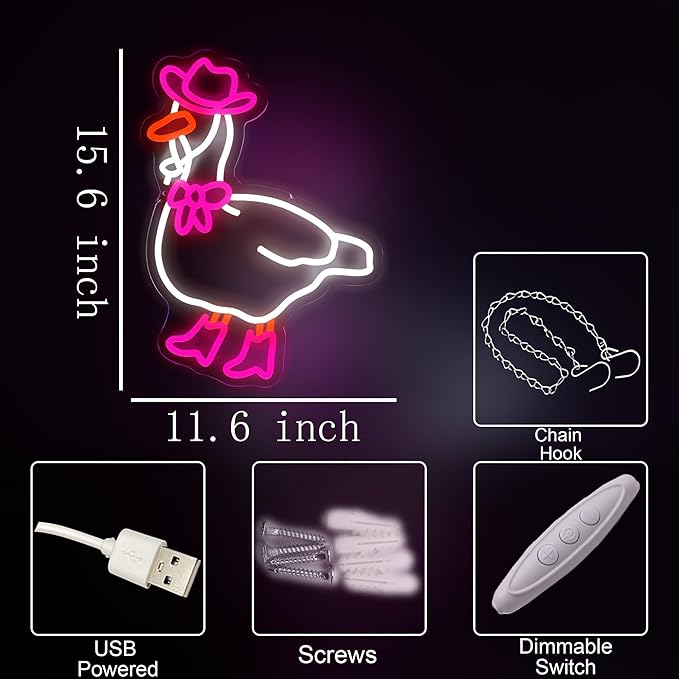Pink Cowboy Goose Neon Sign, Funny Duck LED Light Up Sign, Western Cowgirl Boots Dimmable USB-Powered Neon Sign for Bedroom, Birthday Gift, Party, Bar, Game Room, Home, Café, and Wall Décor