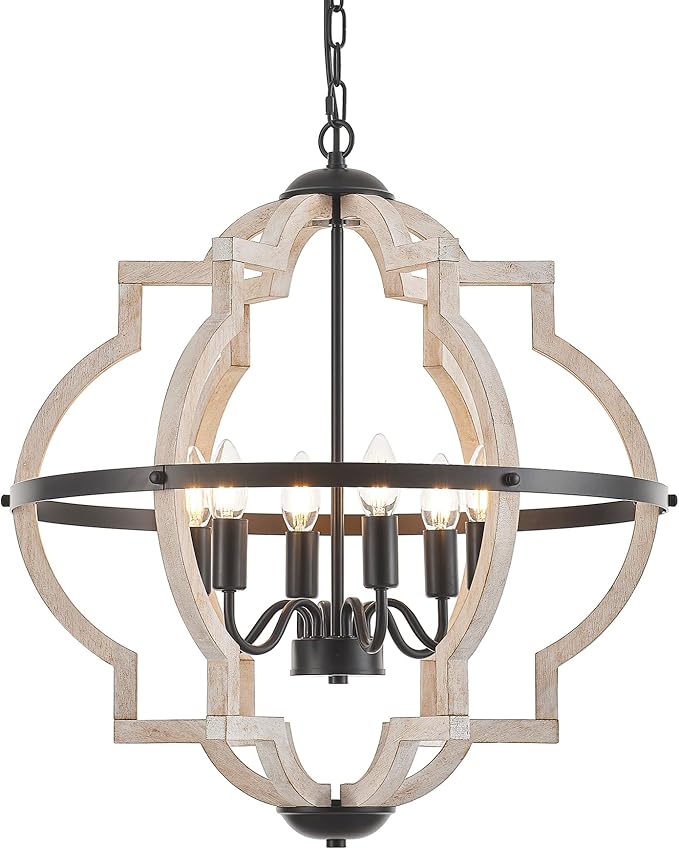 6-Light Farmhouse Wood Pendant Light,22.83'' Vintage Rustic Light White Wood Chandeliers,Retro Industrial Hanging Light Fixtures for Dining Room Entryway, Bedroom
