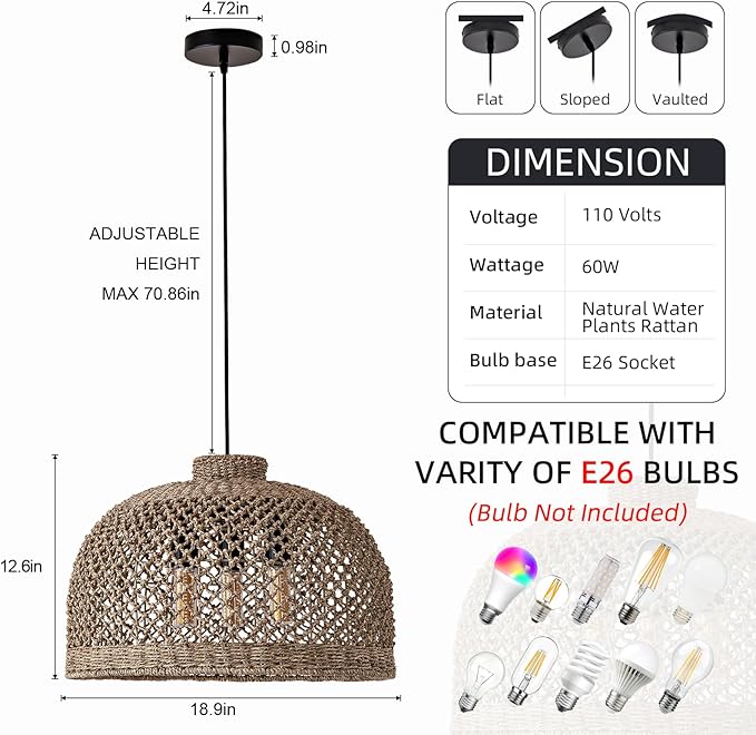 18.9in Rattan Light Hand Woven Wicker Large Pendant Lights Boho Lighting Farmhouse Chandelier Fixture for Living Room Restaurant Kitchen Island Dining Room Hallway Bedroom