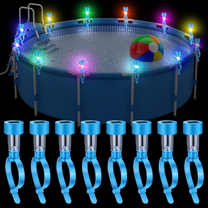 12 Pcs Pool Waterproof Solar Lights for Above Ground Pools Solar Pool Side LED Lights Frame Pool Decoration at Night for Swimming Pool Trampoline Outdoor Decor (Colorful Lights)