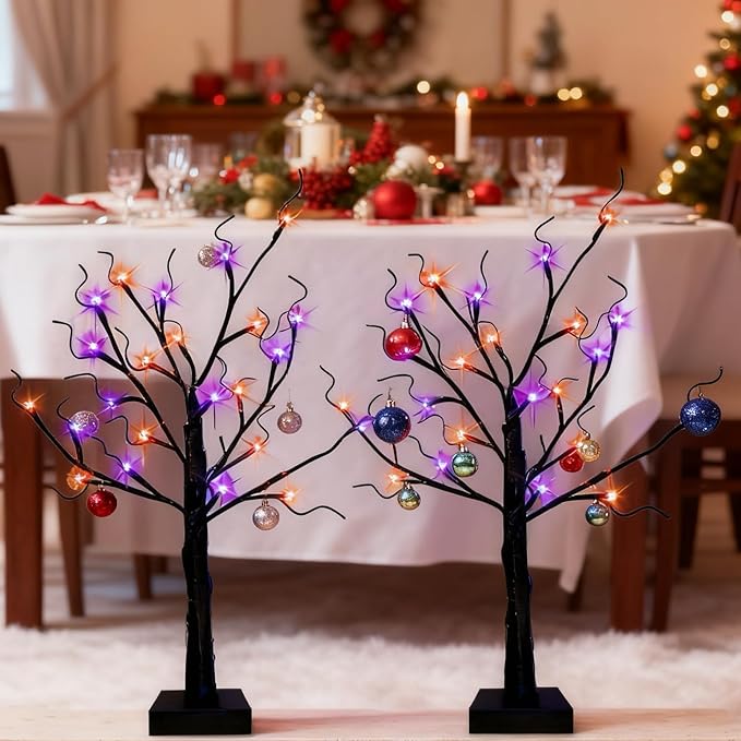2-Pack Lighted Halloween Christmas Fall Tree Decorations Indoor, 2ft Black Birch Tree with LED Lights, Small Tabletop Christmas tree with lights, Warm White Battery- Powered Fairy Light Spirit